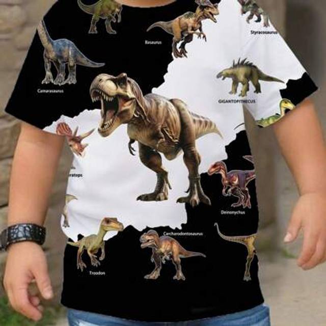 SHEIN DINOSAUR, Young Boy Casual Minimalist Round Neck Short Sleeve Loose Fit T-Shirt, Suitable For Summer