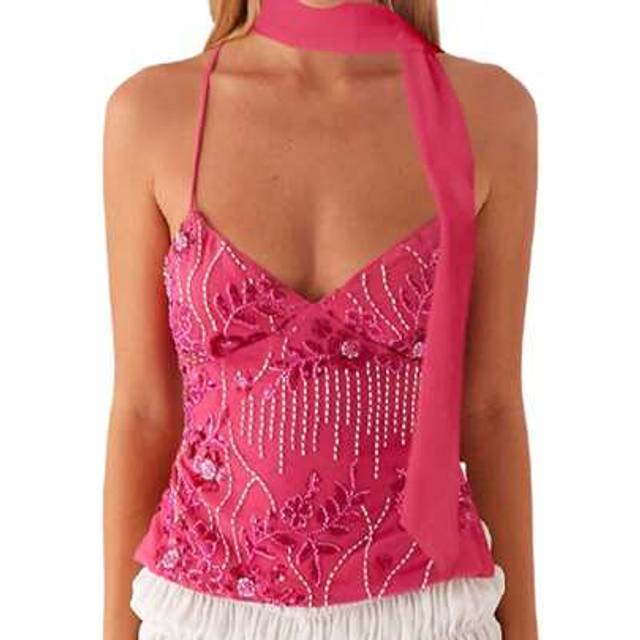SHEIN Women Camisoles Sequins Beaded Flower Embroidery V-Neck Casual Tank Tops Summer Fashion Sleeveless Tops With Choker Scarf