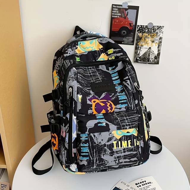 TEMU Stylish Men's Nylon Backpack With Unique Graffiti Design - & Lightweight For High School, College Students