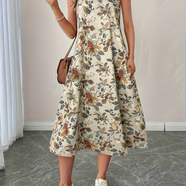 TEMU Women's A-line Sleeveless Round Neck Floral Print Dress - Elegant Fitted Silhouette, Machine Washable, Versatile For Casual & Formal Occasions, No Stretch Fabric