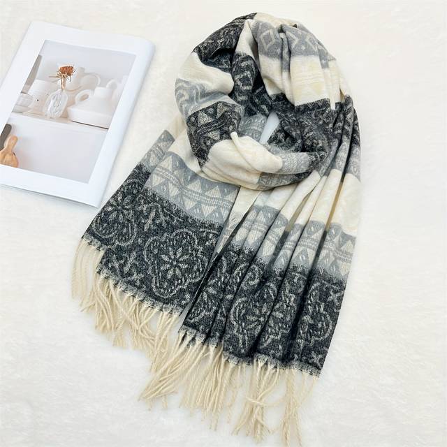 TEMU 1pc Scarf For Women - 100% Cashmere Yarn-dyed Striped Shawl, Mature Style, Breathable & Warm, Windproof, Non-stretch, Autumn & Winter, Large Thick Plaid Wrap For Going Out