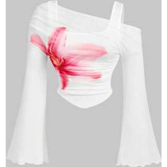 SHEIN Plus Size Fitted Mesh Floral Print Cream T-Shirt For Women, Suitable For Date, Party, Casual And Work,Valentine Day Swimsuit With Sleeves Women Summer