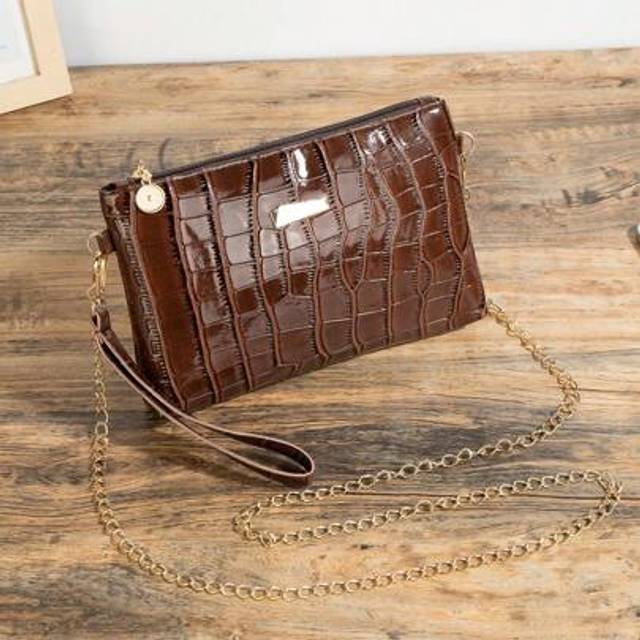 SHEIN 1pc Coffee Brown Crocodile Print PU Simple Clutch Bag With Metal Chain Shoulder Bag, Coin Purse, Suitable For Occasions Such As Ladies And Girls, Dinn