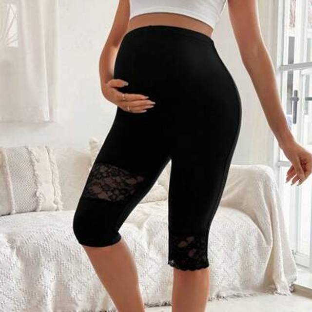 SHEIN Solid Color Lace Trim Maternity Casual 3/4 Leggings