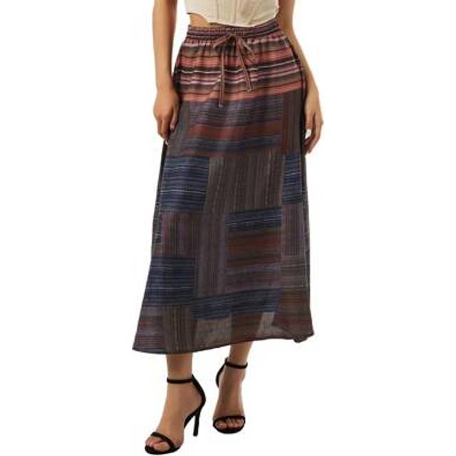 SHEIN Women&#39;s Summer Long Skirts, Vintage Stripes Print Bohemian Style High Waist Skirt Beachwear