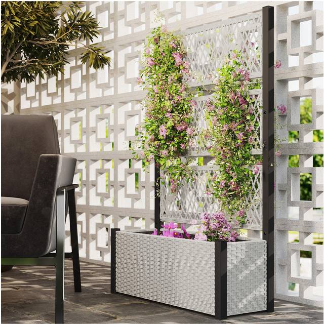 Outsunny Garden Planter Box with Trellis, Rattan Raised Bed, Mixed-grey, Grey