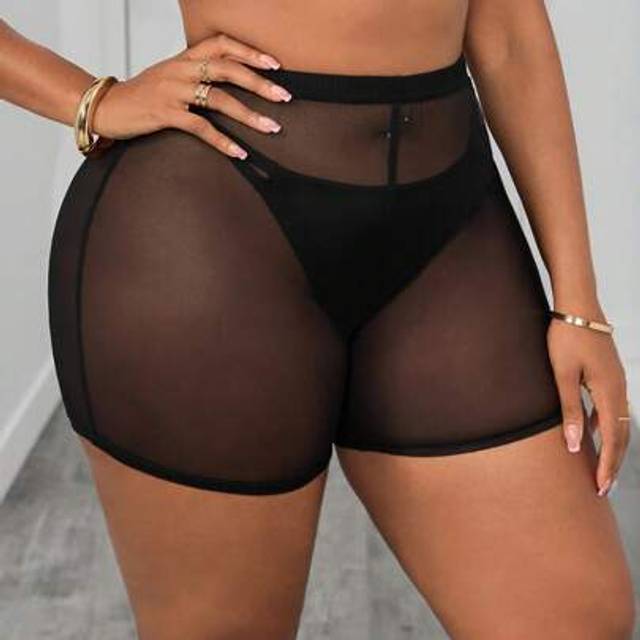 SHEIN Plus Sheer Mesh Biker Shorts Without Panty