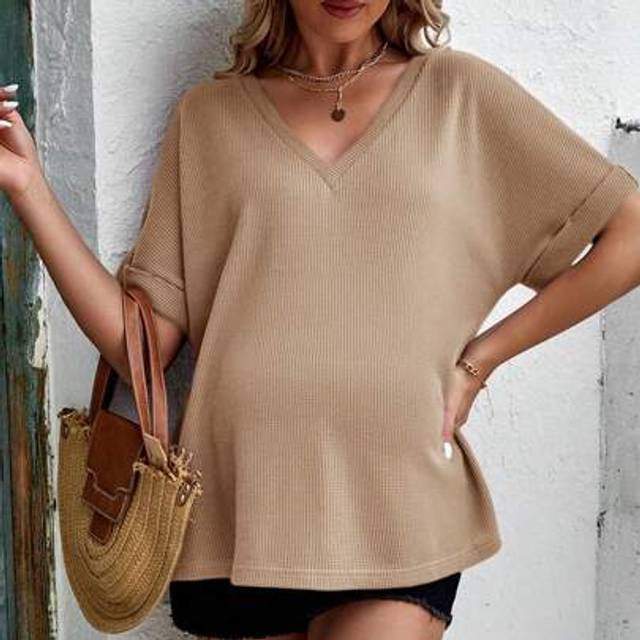 SHEIN Maternity Solid Color V-Neck Short Sleeve T-Shirt, Fashionable For Summer Maternity Clothes Summer,Maternity Tops,Maternity Crop Top Maternity Clothes