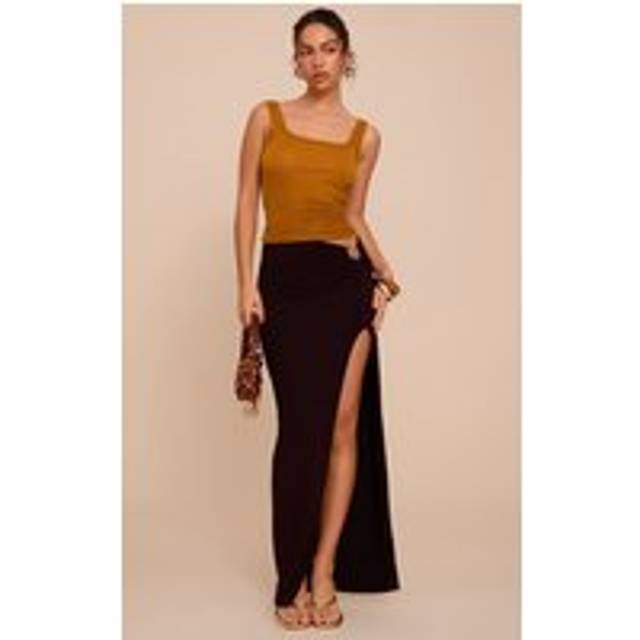 Dark Chocolate Stretch Chiffon Trim Detail Maxi Skirt, Dark Chocolate - 4