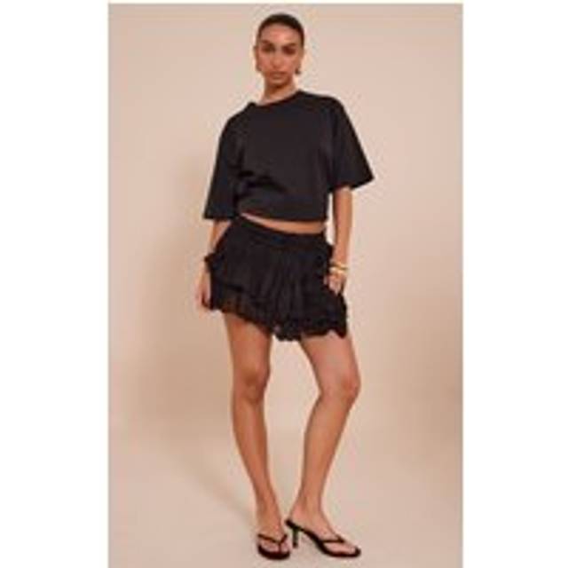 Black Ruched Textured Low Rise Mini Skirt, Black - 10