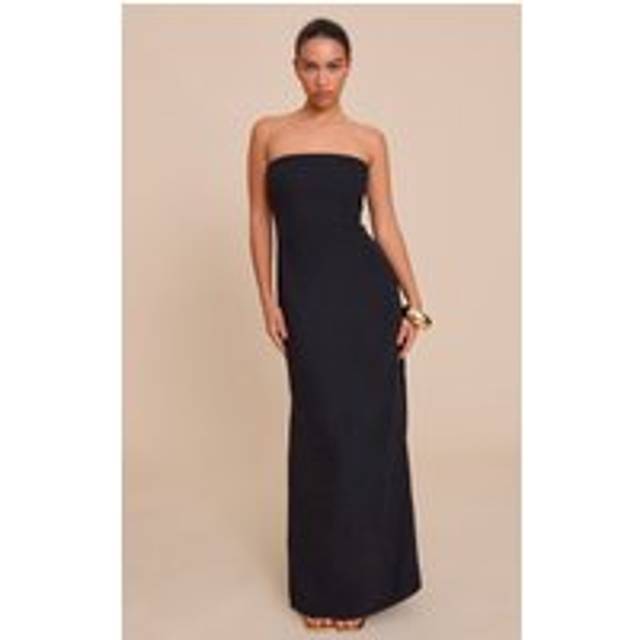 Black Textured Bandeau Column Maxi Dress, Black - 4