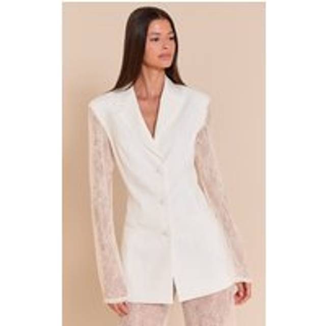 White Woven Sheer Lace Panel Blazer, White - 4