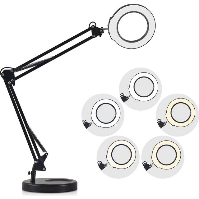 Flexible Clamp-on Table Lamp with 5x Magnifier Swing Arm Dimmable LEDs Desk Light 5 Color Modes & 5 black