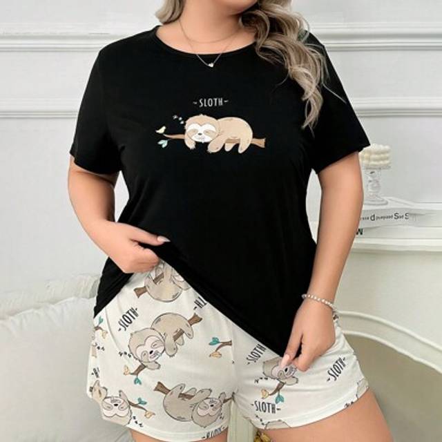 SHEIN Sloth Print Plus-Size Short Sleeve Shirt And Shorts Pajama Set