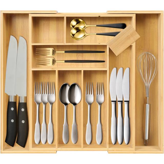 aceyoon Drawer Organiser Expandable, Bamboo Cutlery Tray Kitchen Drawer Dividers 8 to 10 Compartments Utensil Drawer Organiser Large Adjustable