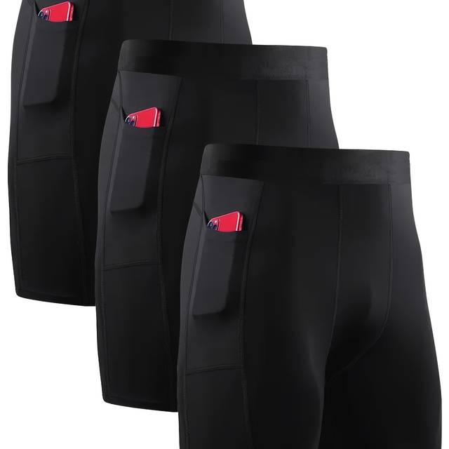 TEMU 3-pack Men's Shorts With Pockets, Polyester-spandex Blend, High Stretch Knit Fabric, Solid Color, Skinny Fit, Sports Style, For Running & Workout, , No Belt