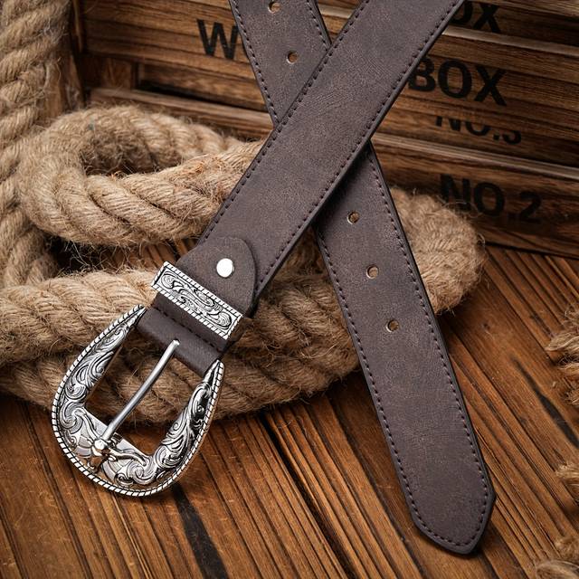 TEMU Vintage Western Cowboy Belt - Pu Leather With Floral Engraved Alloy For Jeans - Unisex Style
