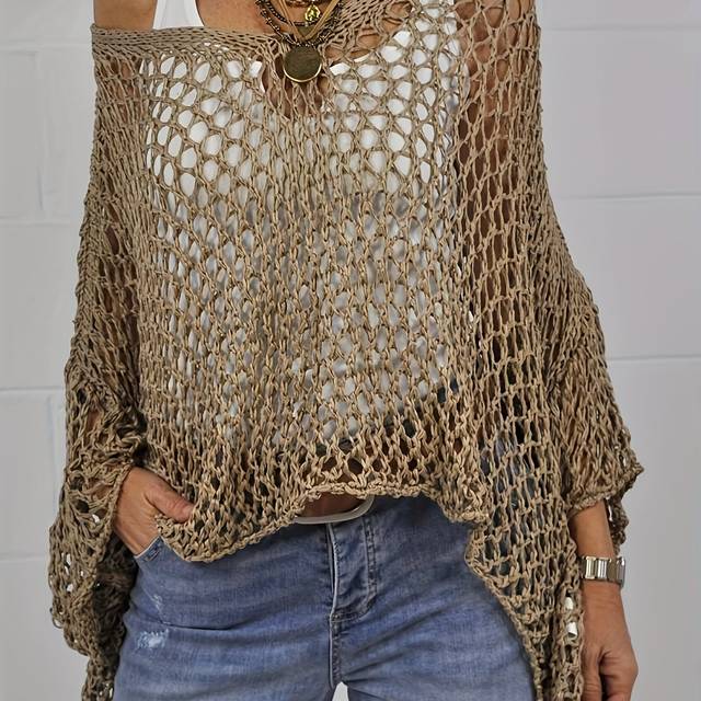TEMU Plus Size, Brown Hollow-out Cardigan