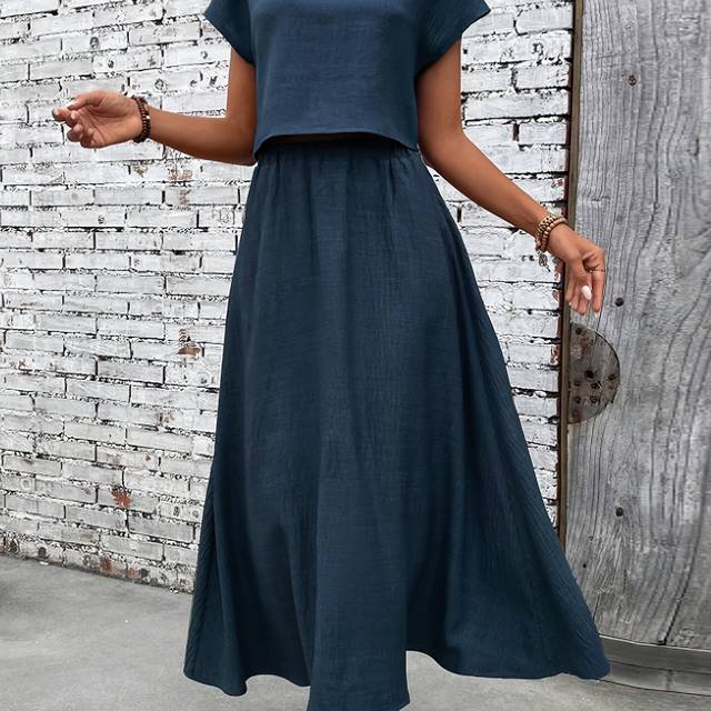 TEMU Women's Elegant Navy Blue Maxi Dress - Sleeveless Top & Flowy Skirt, Spring/summer, Casual Attire|casualmaxidress|elegantmaxidress