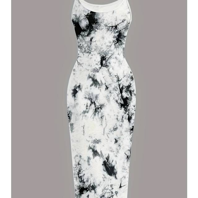 TEMU Women's Irregular Tie-dye Print Long Sleeveless Dress - Black & White Abstract Pattern, Lightweight Dress With Shoulder Neckline, Machine Washable, Casual Summer Dresses, Nontransparent Fabric
