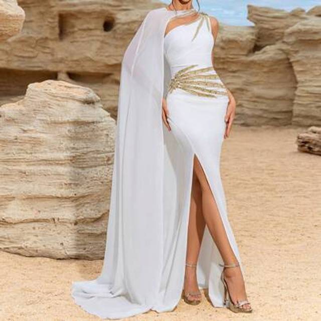 SHEIN White Wedding Guest Long Dress, Party Cape Tail With Applique Formal Gown, Slit, Elegant Look For Women,Evening