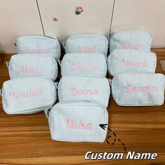 SHEIN Customized Blue Embroidered Makeup Bag, Striped Personalized Cosmetic Bag As Gift For Girlfriend, Travel Makeup Organizer, Blue With Pink Embroidered