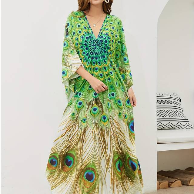 TEMU Peocock Printed Women Beach Handmade Maxi Dresses Bikini Cover Ups For Swimwear Bathing Suits