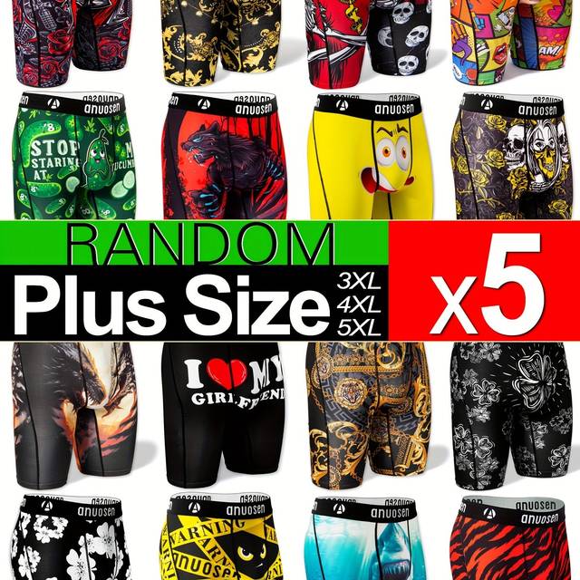 TEMU 5- Size Men's Long Boxer Briefs, Assorted Cartoon & Animal Prints, Moisture-wicking Polyester Knit Fabric, Medium Stretch, Fit Underwear For Running & Work Out