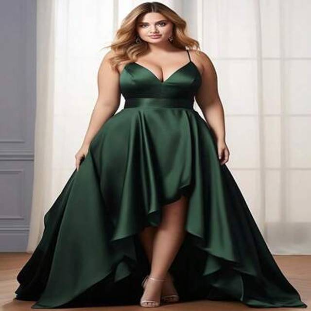 SHEIN Plus Size Wedding Guest Dark Green Satin Deep V Neck High Low Hem Cami Maxi Dress