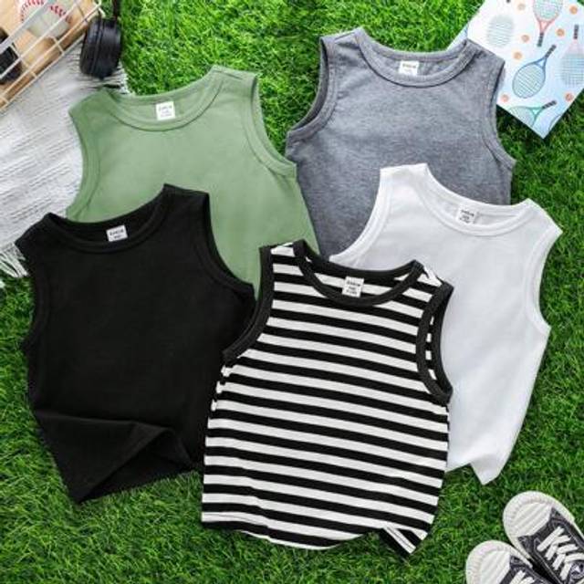 SHEIN 5pcs/Set Baby Girls/Boys Soft Knit Striped Casual Versatile Tank Top Vest, Suitable For Spring/Summer Wear, Homeware, Outings, Travel, Beach