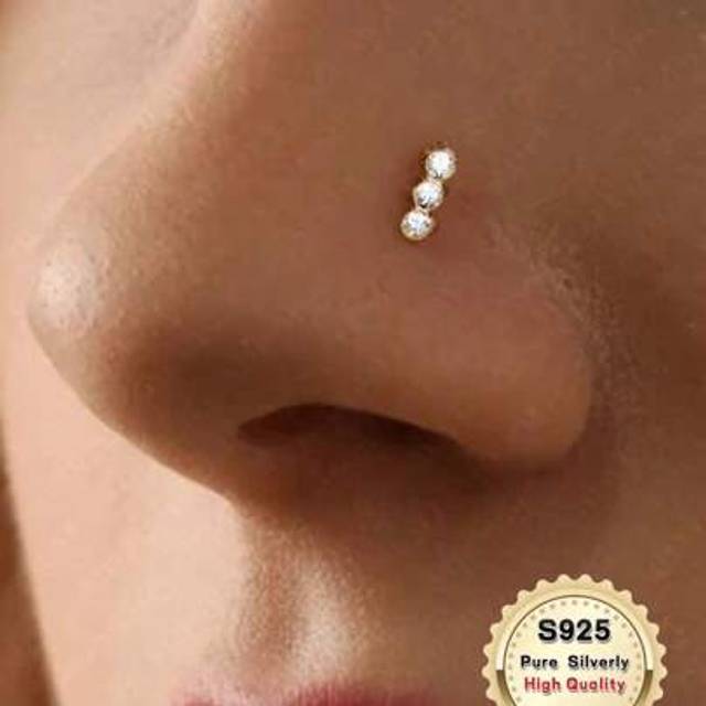 SHEIN 1pc S925 Sterling Silver Nose Studs Stylish Rhinestone Decor Nose Stud For Women & Men L-Shaped Nose Piercing Jewelry Gift Suitable For Dating Work Da