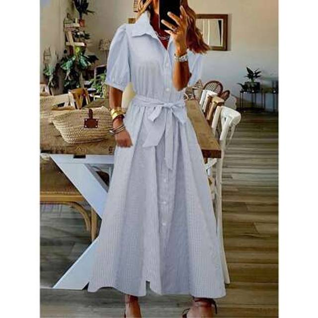 SHEIN Women&#39;s Spring And Summer Thin Shirt Dress Open Collar Solid Color Loose Shirt Dress Tie Puff Sleeves Short Sleeves Non-Elastic Casual Commuting Frenc