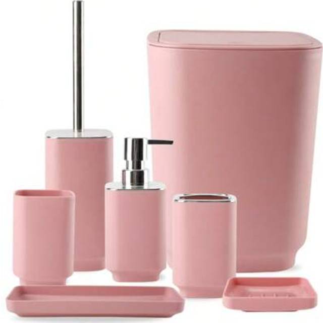 SHEIN 7pcs Bathroom Set, Tray, Toothbrush Holder, Toothbrush Cup, Soap Dispenser, Soap Dish, Toilet Brush, Pop-Up Trash Can, Bathroom Decor And Housewarming