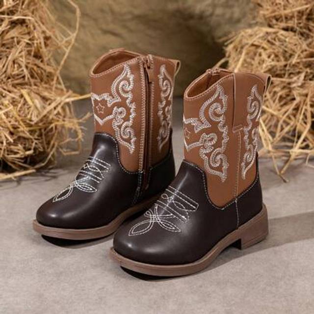 SHEIN 1 Pair Children&#39;s Retro Western Style Boots With Beige & White Patchwork, Decorative Stitching