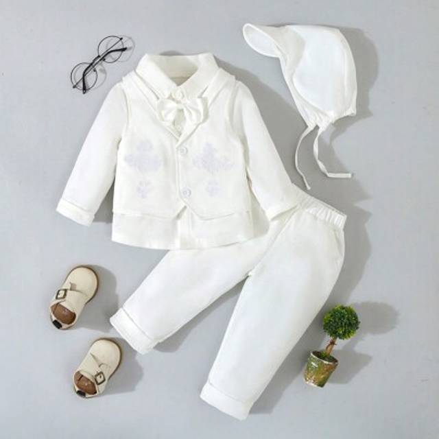 Souflis 4pcs Christening Outfit Set For Baby Boys, Includes White Long Sleeve Shirt With Bow Tie, Floral Embroidered Waistcoat, Pants And Hat, Gift For Weddin