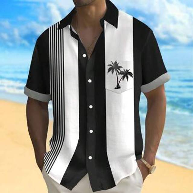 SHEIN Vintage Coconut Tree & Bowling Stripe 3D Print Plus Size Men Hawaiian Short Sleeve Button Down Shirt
