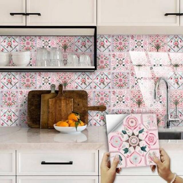 SHEIN 10pcs Colorful Mosaic Tile Stickers, Self-Adhesive Waterproof Anti-Oil PVC Wallpaper Decals For Kitchen Room Decor Home Decor Wall Decor Bathroom Deco