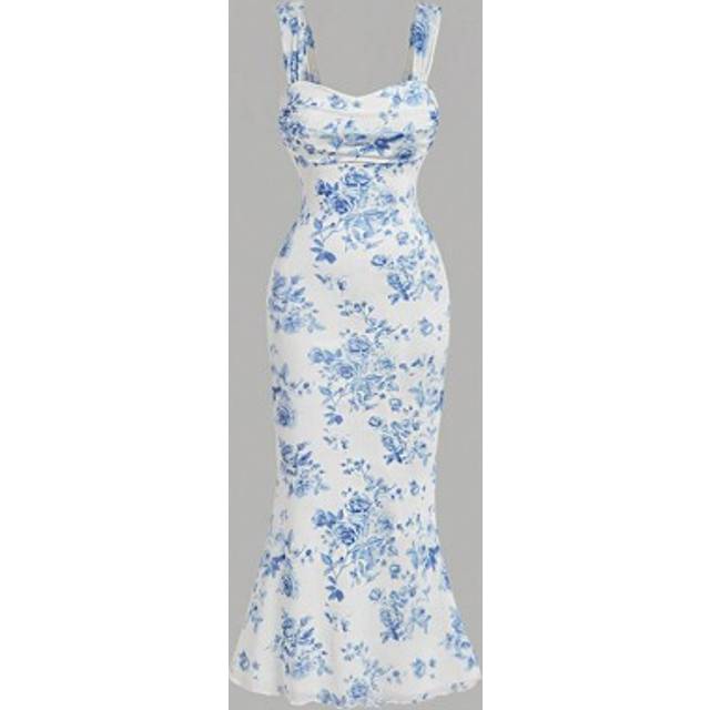 SHEIN Teen Girls Blue & White Floral Print Snug Fit Dress, Versatile Vintage Palace Style Dress, Elegant Girl Dresses, Tea Party Dress, Thanksgiving Dress,