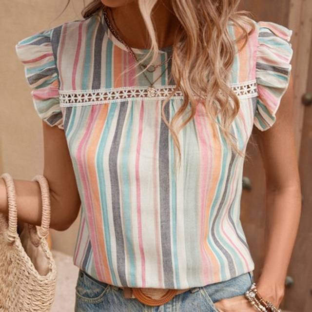 SHEIN Vintage Fresh Colorful Striped Lace Patchwork Round-Neck Cap Sleeve Women&#39;s Blouse