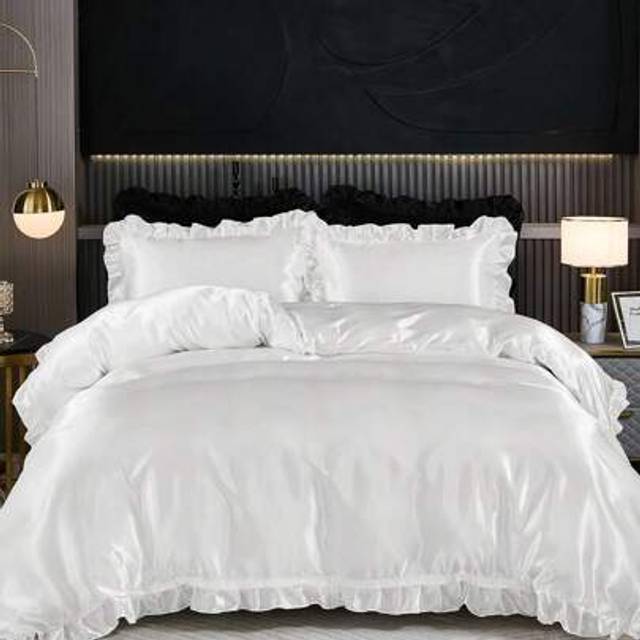 SHEIN Bedding White Silk Bedding Set Ruffle Duvet Cover Double Size 3 Pieces Luxury Smooth Microfiber Quilt Cover With 2 Pillowcases 200x200cm 220x230cm