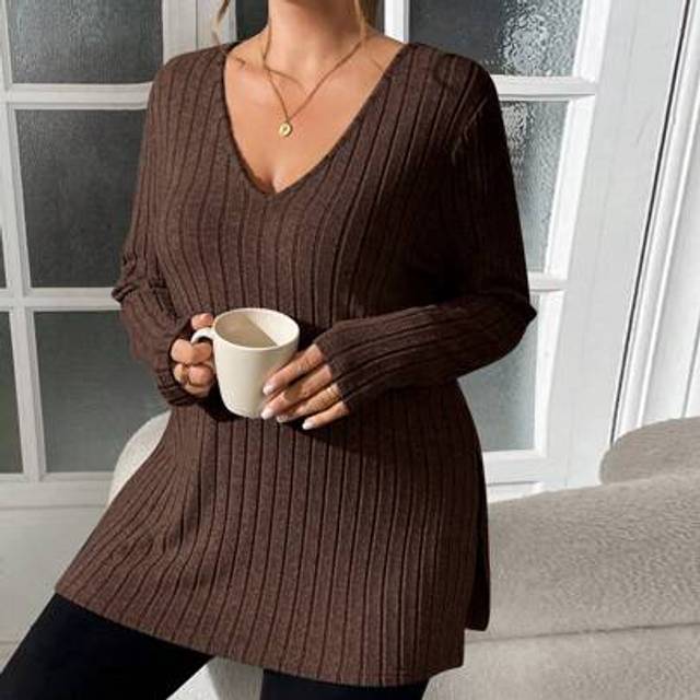 SHEIN Plus Size Women&#39;s Fall Long Sleeve T-Shirt, Women Tops Winter Split Top, Christmas Knitted T-Shirt