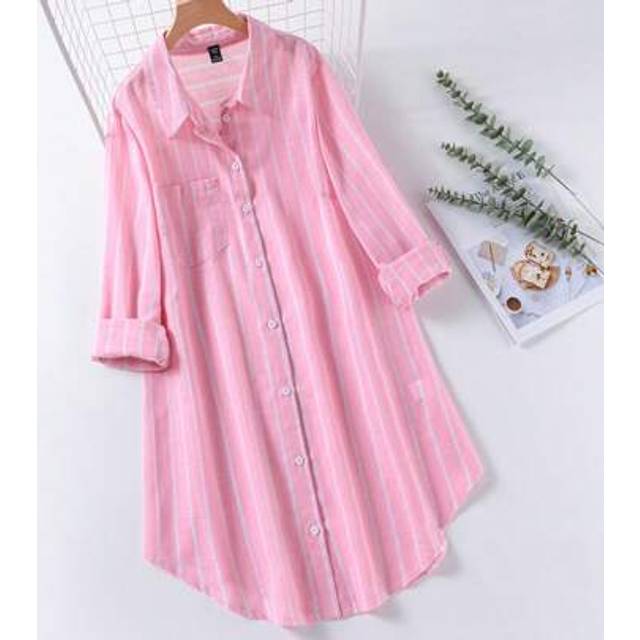 Luneh Plus Size Blue And White Striped Knee-Length Fall Dresses With Open Shirt Collar Baby Blue Dress Women Dress With Sleeves Blue Homecoming Dress Comfor