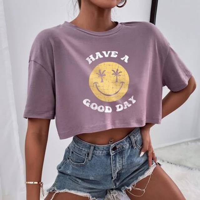 Flirla Cartoon And Slogan Graphic Drop Shoulder Tee HAVE A GOOD DAY Graphic Tees Women Tops