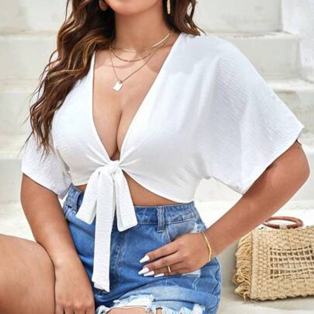 SHEIN Plus Tie Front Batwing Sleeve Crop Blouse