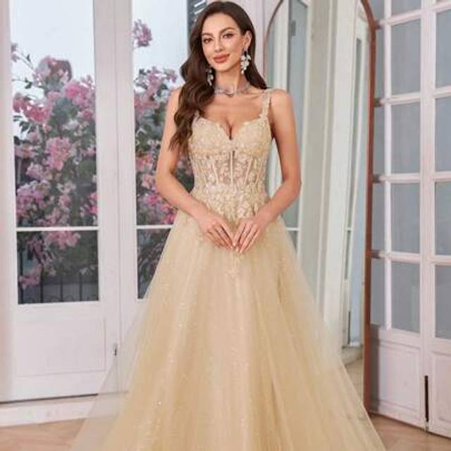 SHEIN Champagne Tulle Slip Dress Long A Line Sparkly Embroidery Prom Dress