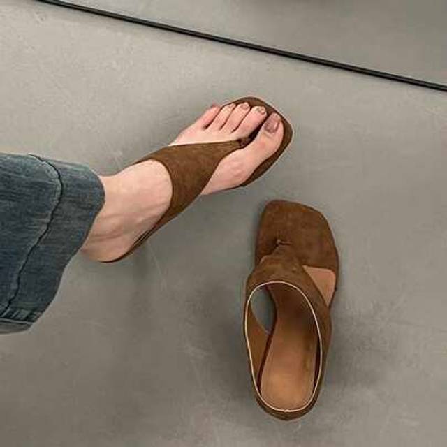 SHEIN Women&#39;s High Heel Thong Sandals, Brown Suede Effect Open Toe Stilettos, Square Toe Summer Heels