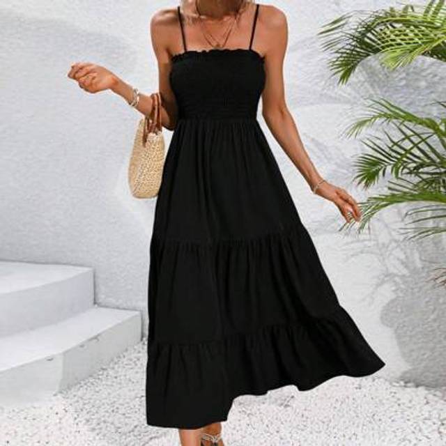 Calvaya Solid Color Strapless Pleated Beach Vacation Slip Dress With Spaghetti Straps Maxi Women Outfit