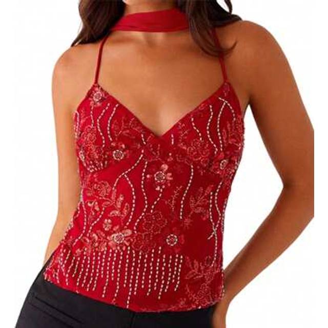 SHEIN Women Camisoles Sequins Beaded Flower Embroidery V-Neck Casual Tank Tops Summer Fashion Sleeveless Tops With Choker Scarf