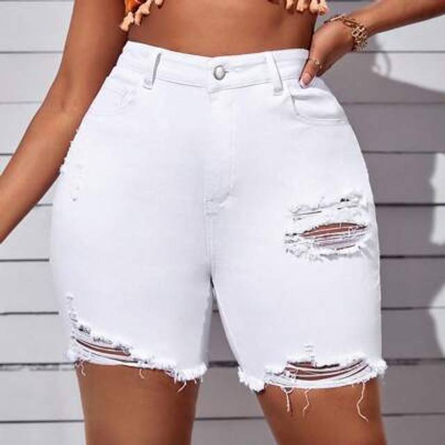 SHEIN Plus Size Ripped Raw Hem Denim Shorts Summer Outfits For Women Festival Outfits Elegant Casual Biker Shorts