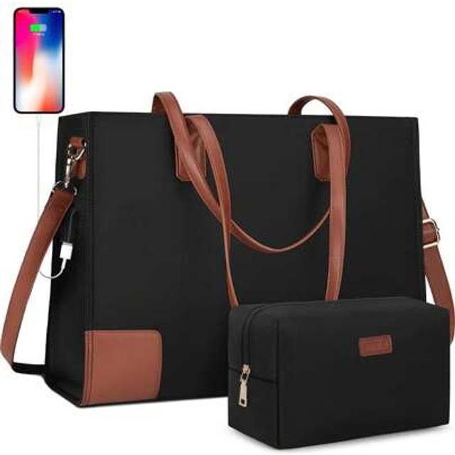 SHEIN Laptop Bags For Women Designer Handbag Laptop Bag 15.6 Inch Large Work Bag Waterproof Tote Bag USB, Shoulder Bag Black And Cosmetic Bag 2PCS Set